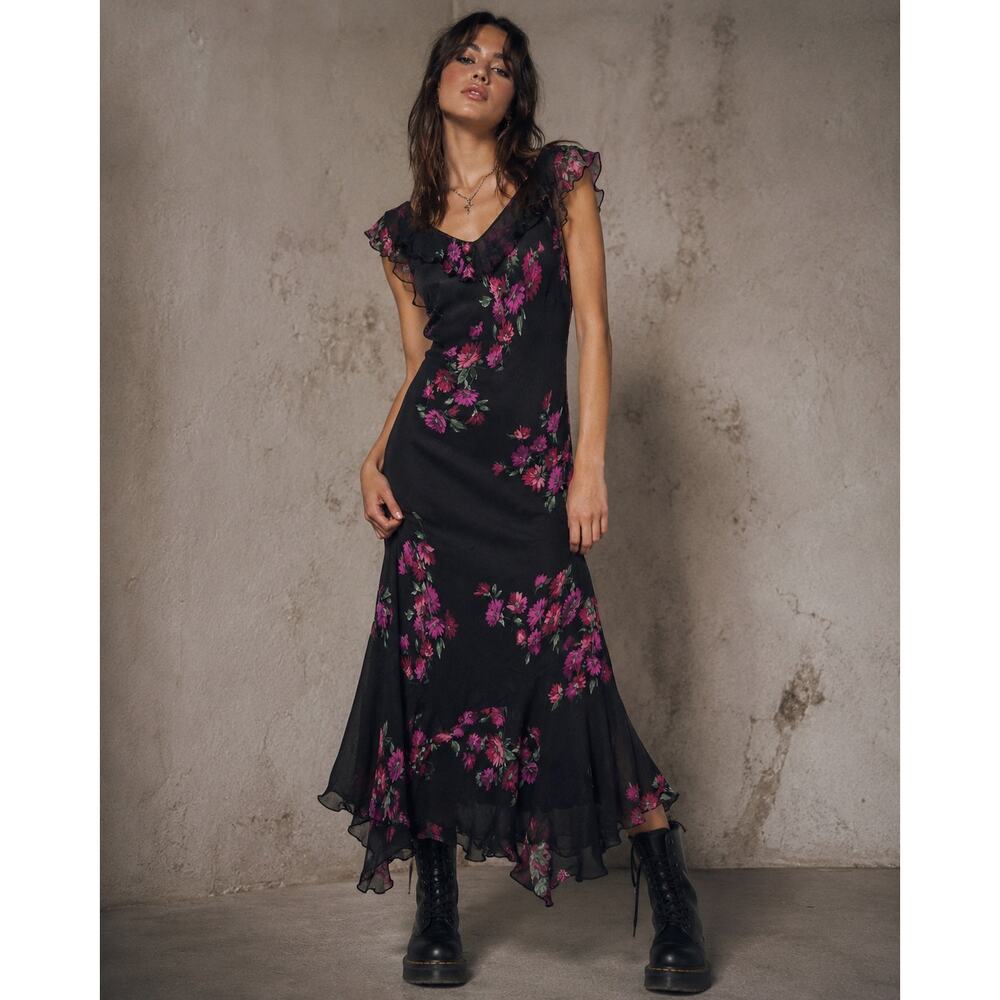 Robbie Bee Y2K 100% Silk Blk Floral Slip Maxi Dress 10 Fairy Grunge Ruffle Hem